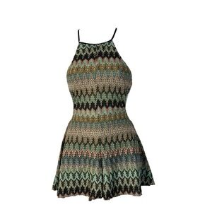 Urban Outfitters UO Ecote Mint Green & Beige Printed Crochet Tie Back Romper XS